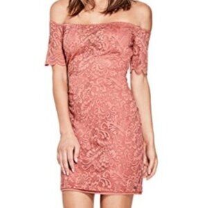 Guess Lace Off-Shoulder Dress Pink Medium